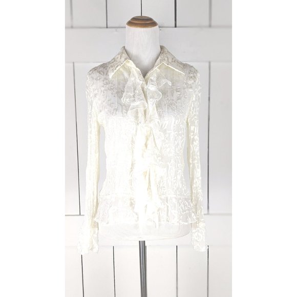 Cold Water Creek sheer ivory floral ruffle button down long sleeve blouse PS - Picture 2 of 5
